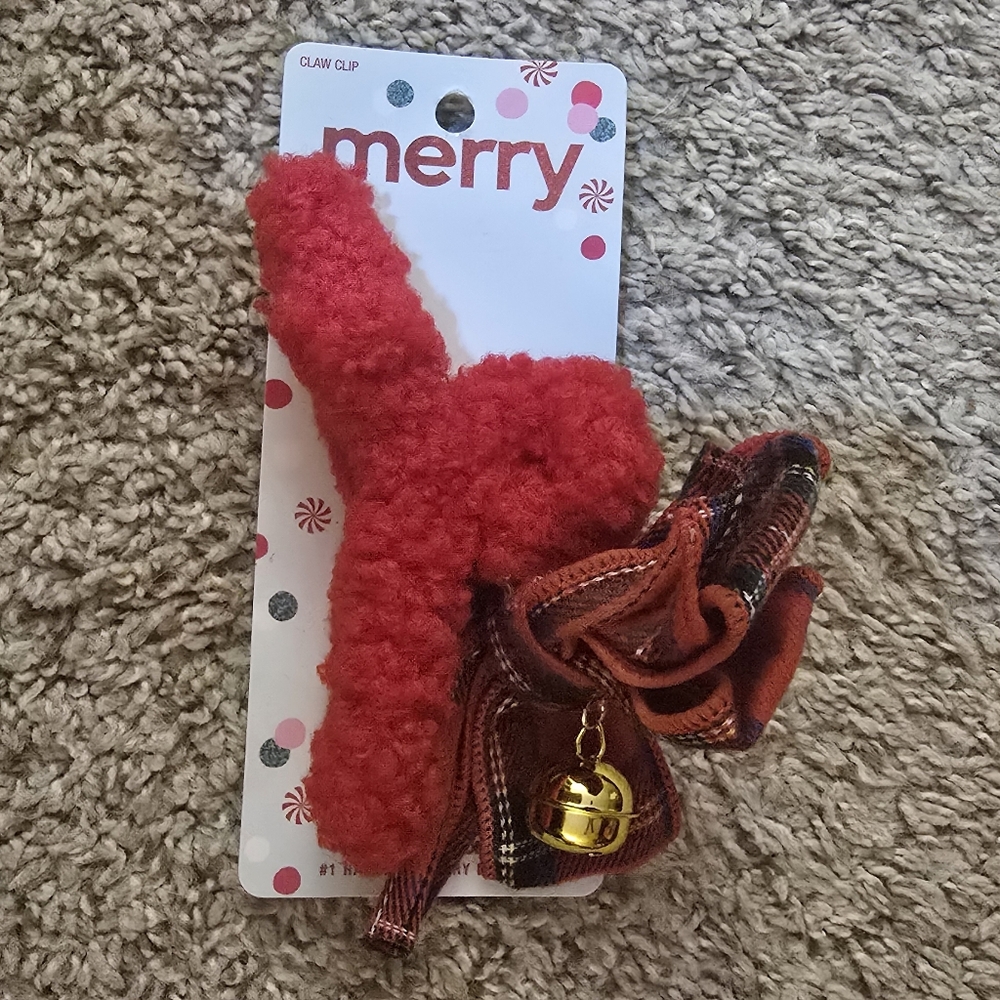 Conair Christmas Red Plaid Hair Claw Clip with Gold Bell